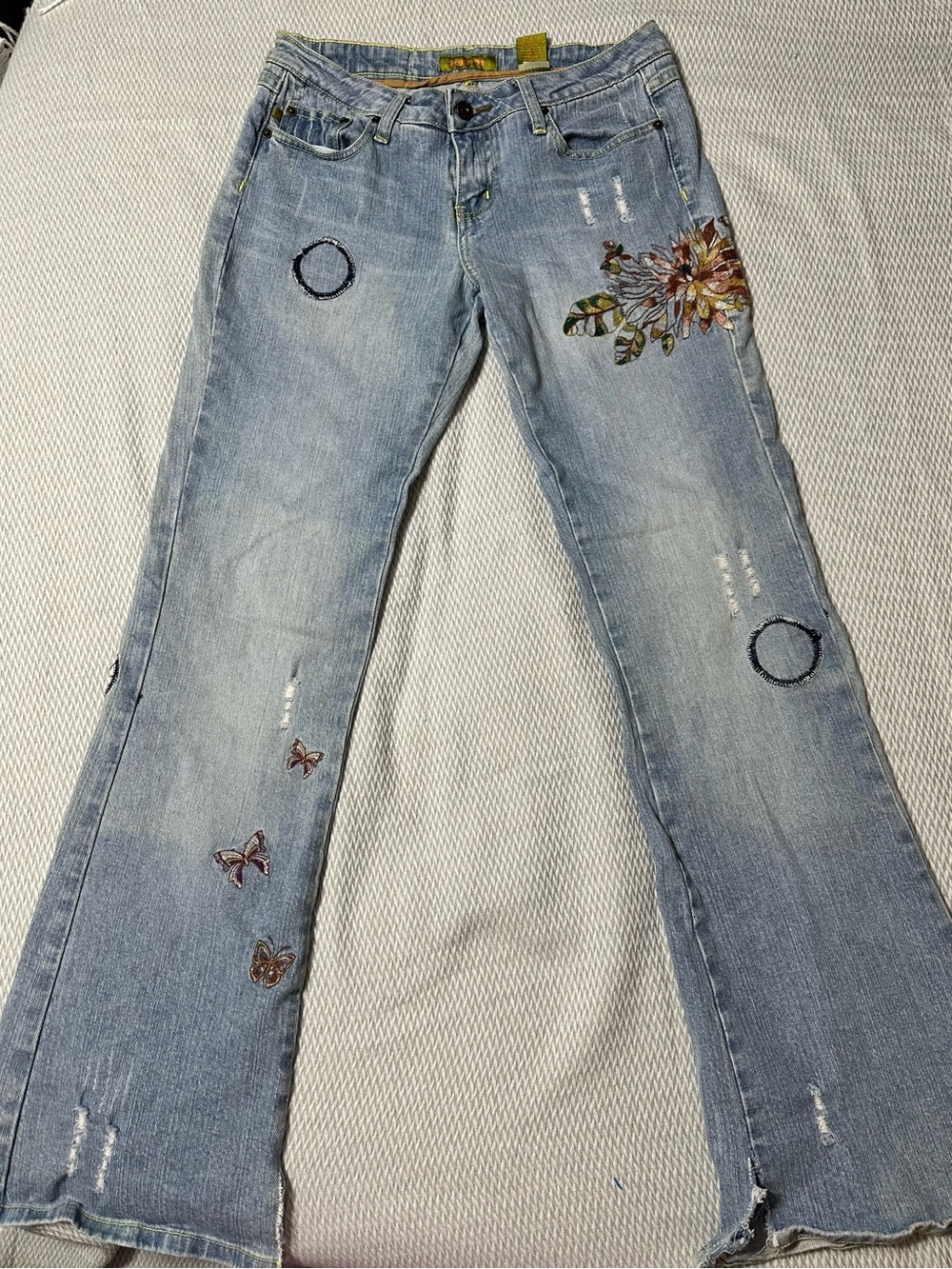 Y2K Zana Di Light Blue Embroidered Flare Jeans with Floral & Butterfly Accents